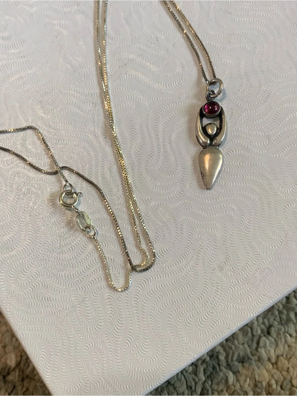 Sterling Silver Goddess Pendant Necklace with Red Cabochon